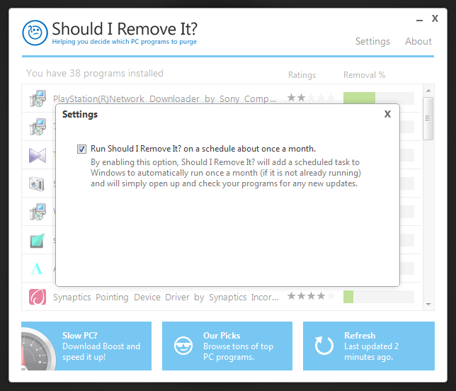 Окно Settings в Should I Remove It? с настройкой ежемесячной проверки