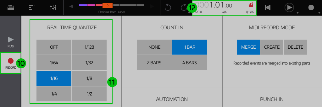 Настройки записи и real-time quantize в NanoStudio 2
