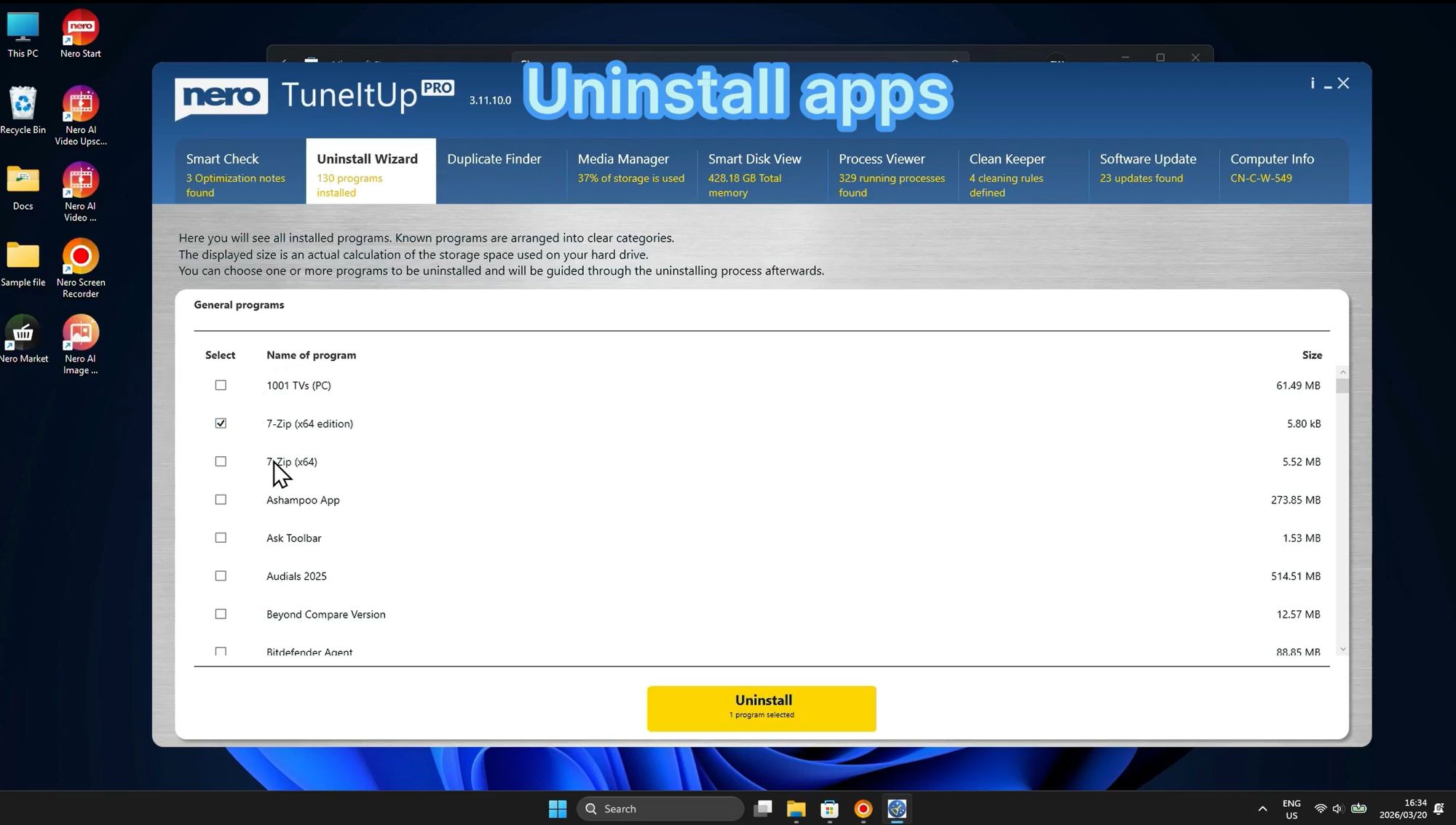 Окно Uninstall Wizard в Nero TuneItUp PRO