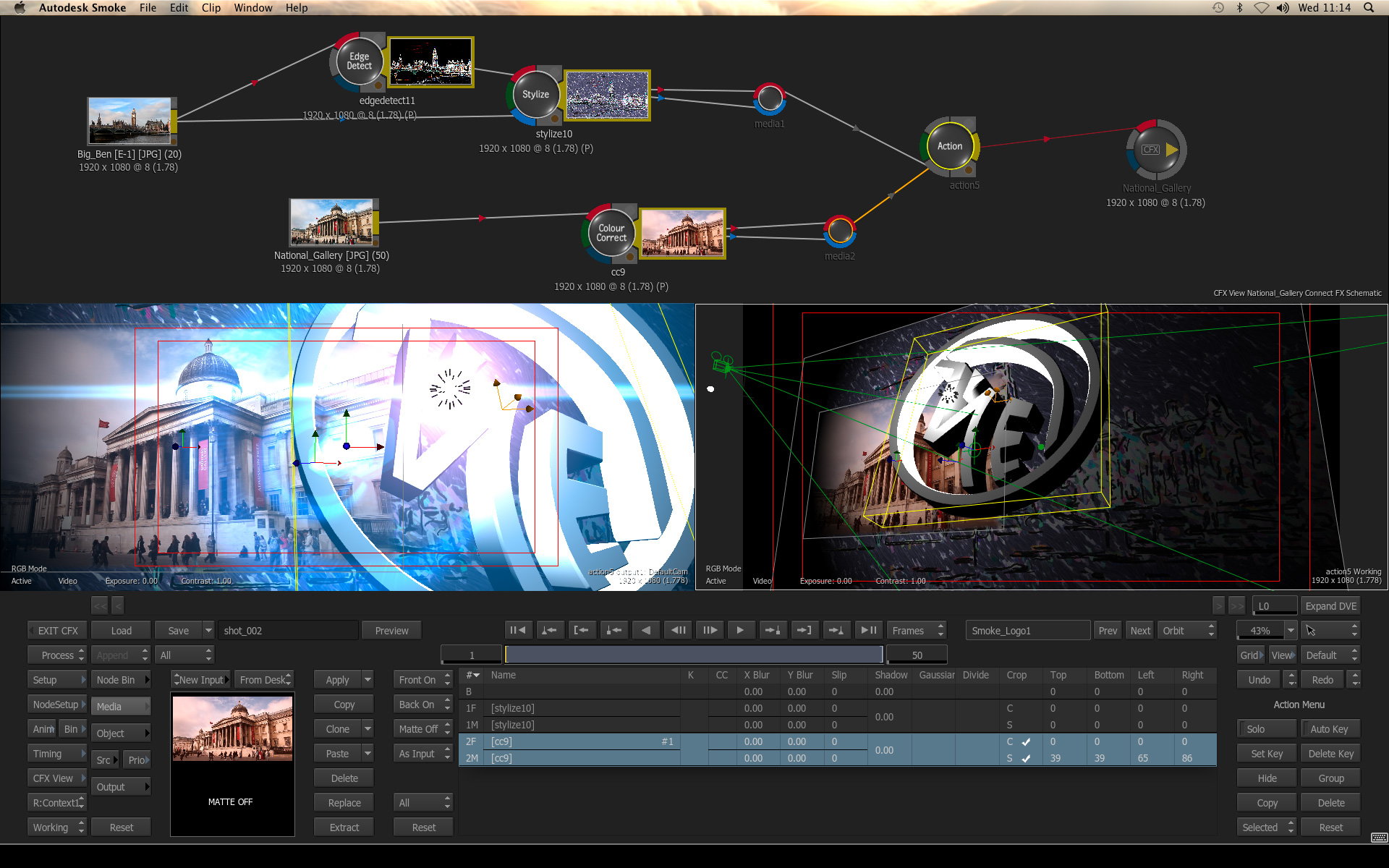 Autodesk Smoke ConnectFX: node-based compositing, Action, Colour Correct, Edge Detect, Stylize и Result