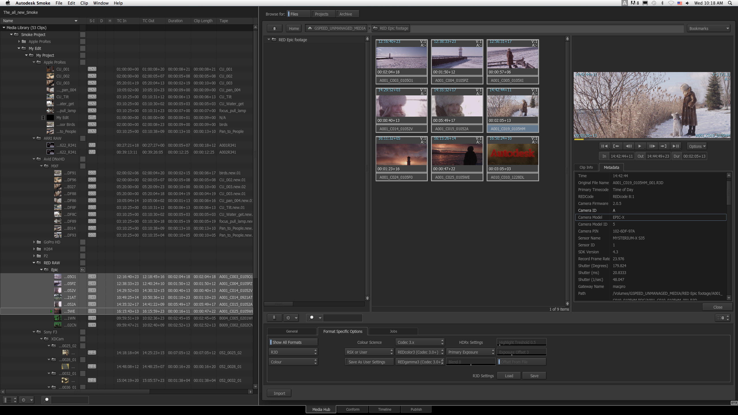 Autodesk Smoke MediaHub: просмотр файлов, metadata, Clip Options и импорт в Media Library