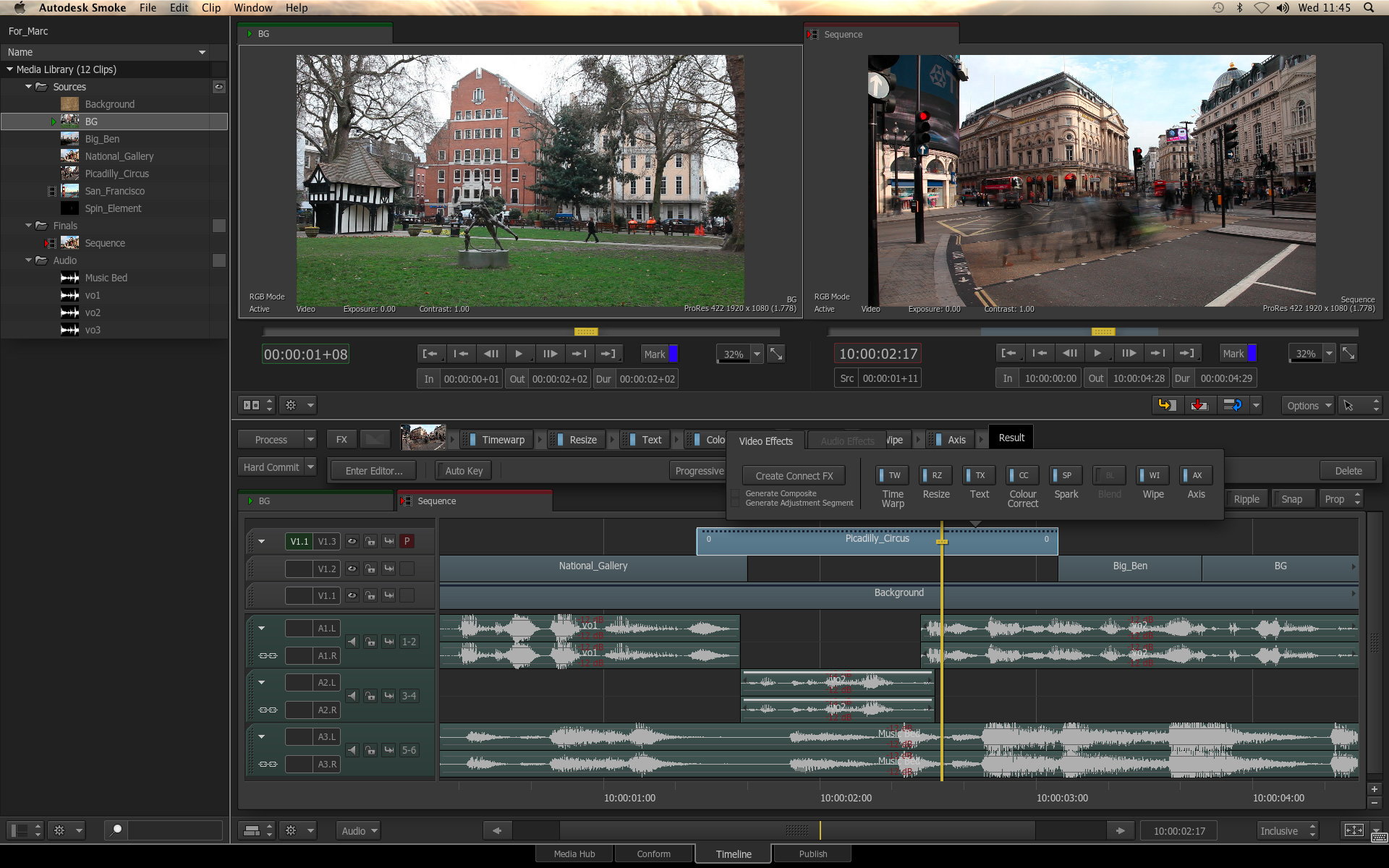 Интерфейс Autodesk Smoke с таймлайном, Media Library, двумя Viewer и панелью Effects Bar