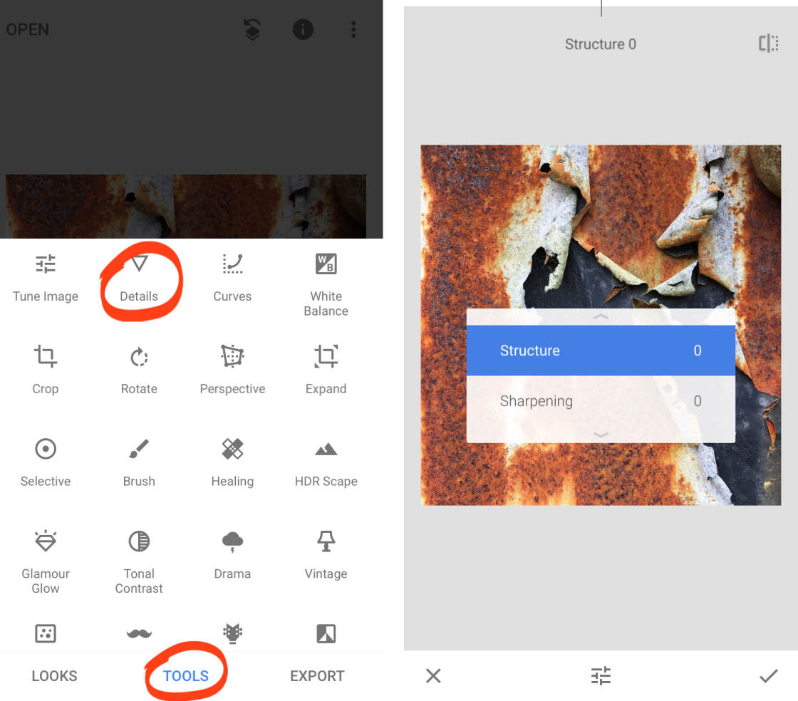 Инструмент Details в Snapseed для Structure и Sharpening