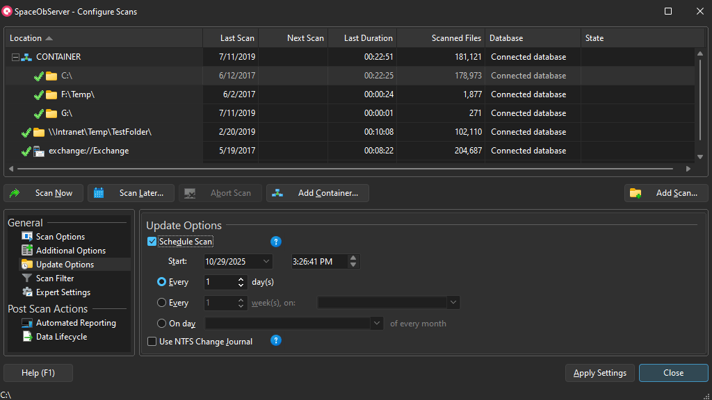 Окно Configure Scans в SpaceObServer