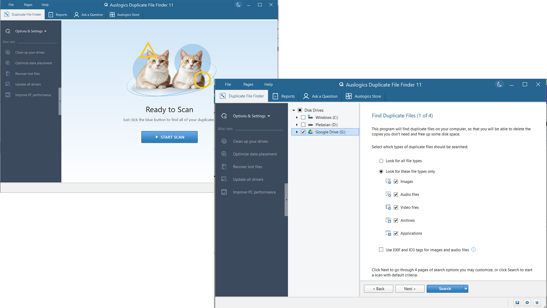 Главное окно Auslogics Duplicate File Finder и старт мастера поиска