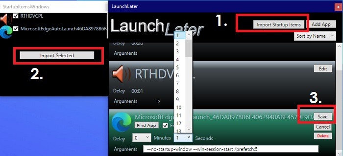 LaunchLater с импортом элементов автозагрузки, выбором задержки и кнопкой Save