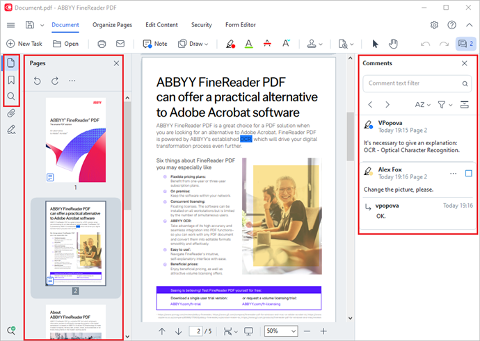 Навигация и рабочая область в ABBYY FineReader PDF