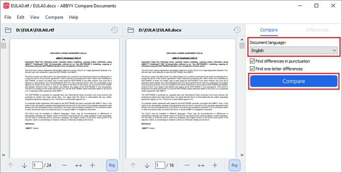 Режим сравнения документов в ABBYY FineReader PDF
