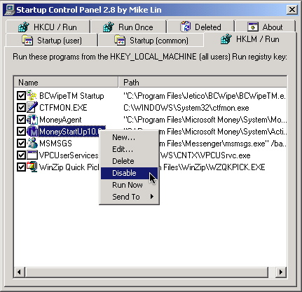 Startup Control Panel 2.8 by Mike Lin: основное окно HKLM / Run и контекстное меню Disable