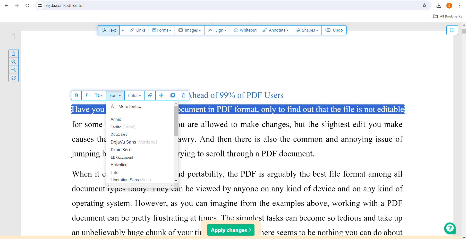 Изменение шрифта в Sejda PDF Editor