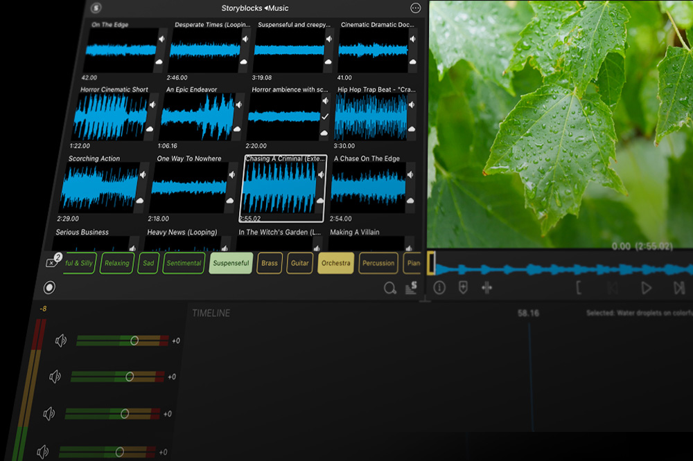 Медиабиблиотека Storyblocks внутри LumaFusion с музыкальными треками, waveform и фильтрами по настроению