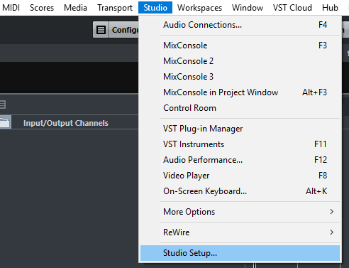 Окно Studio Setup для настройки аудиоустройства