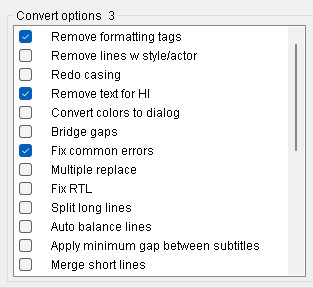 Batch convert в Subtitle Edit: опции Remove text for HI, Fix common errors и другие правила обработки