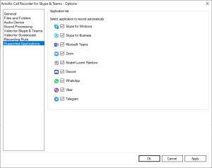 Вкладка Supported Applications в Amolto Call Recorder