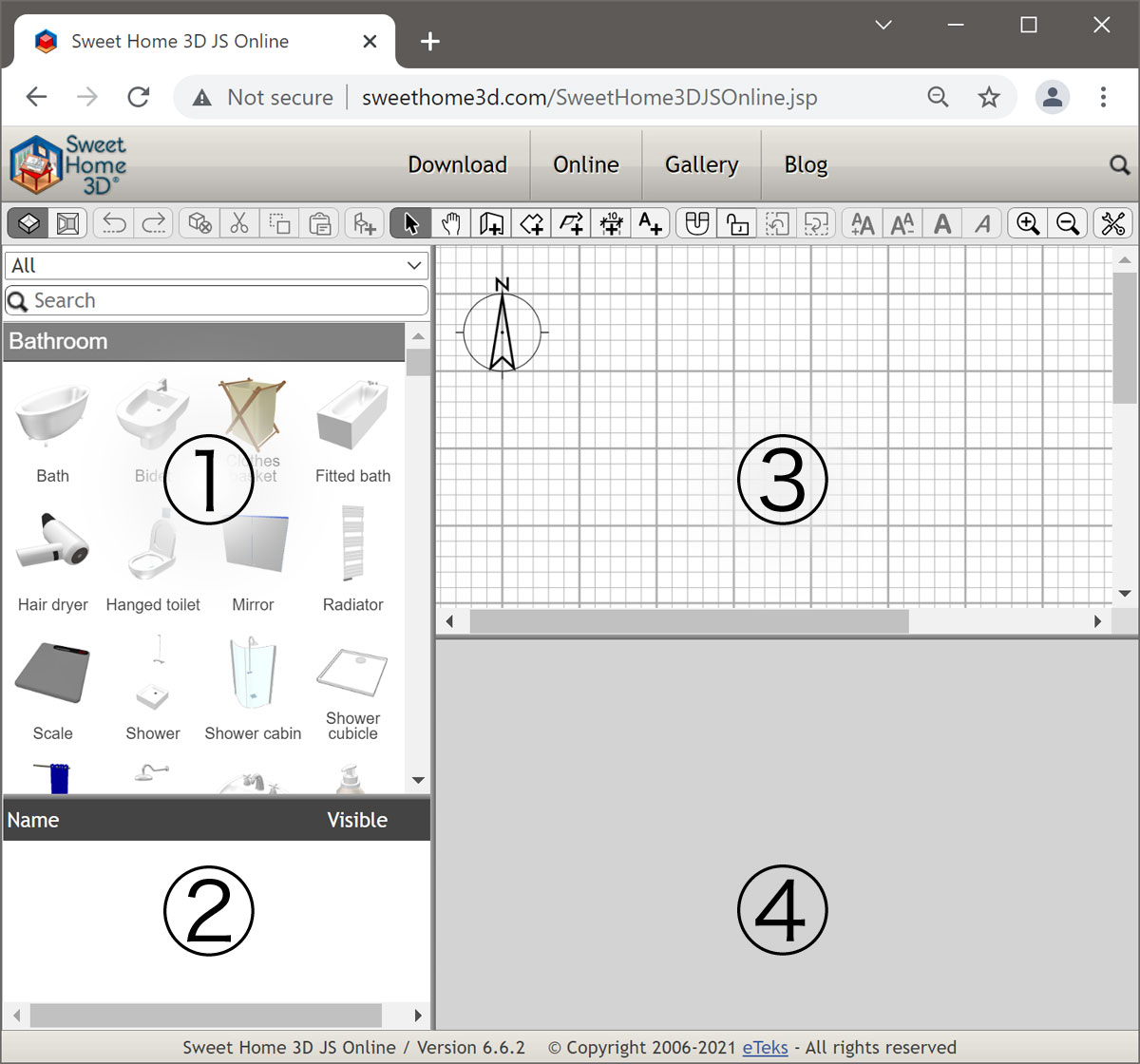 Интерфейс Sweet Home 3D Online с четырьмя панелями