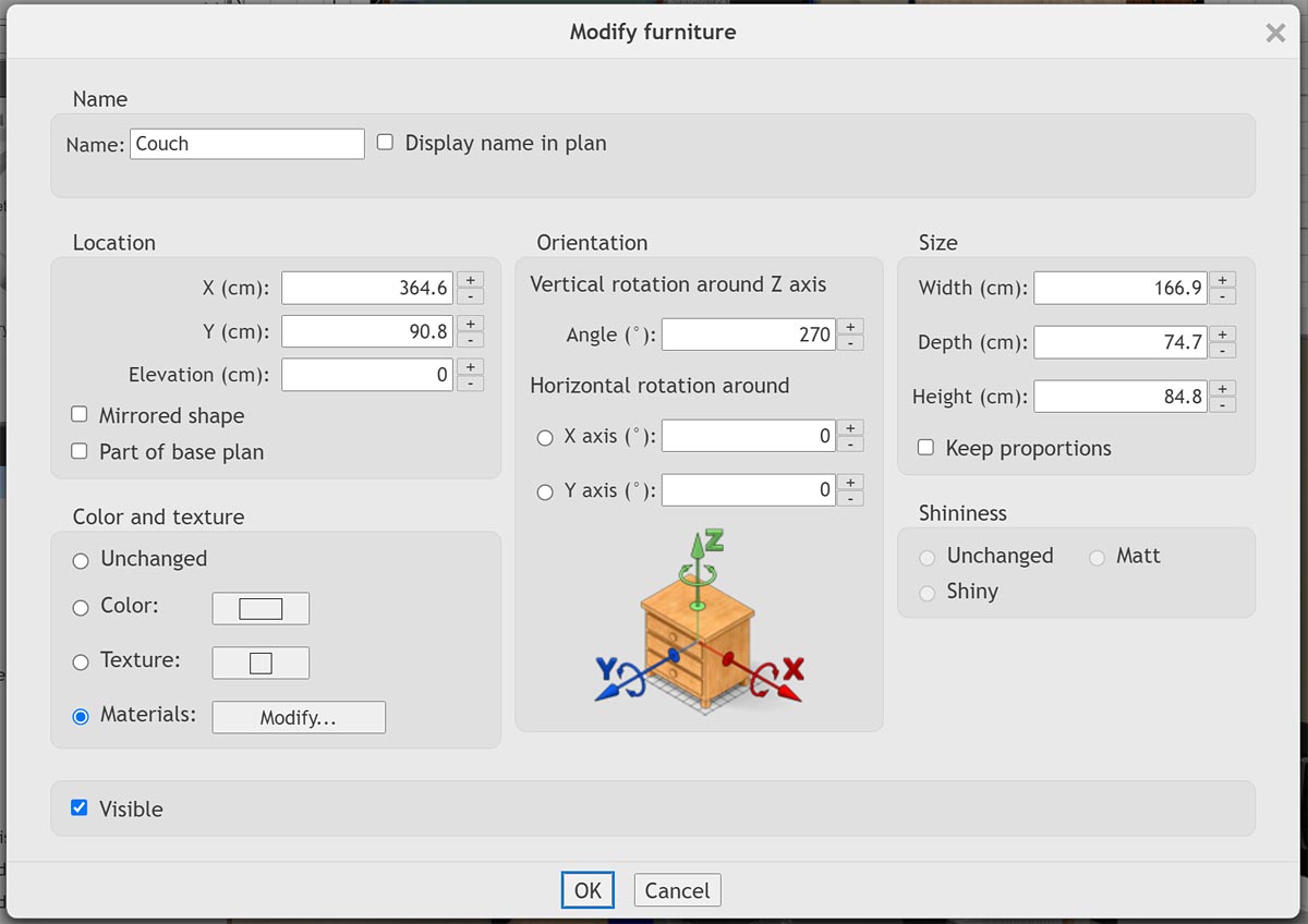 Окно Modify furniture в Sweet Home 3D Online