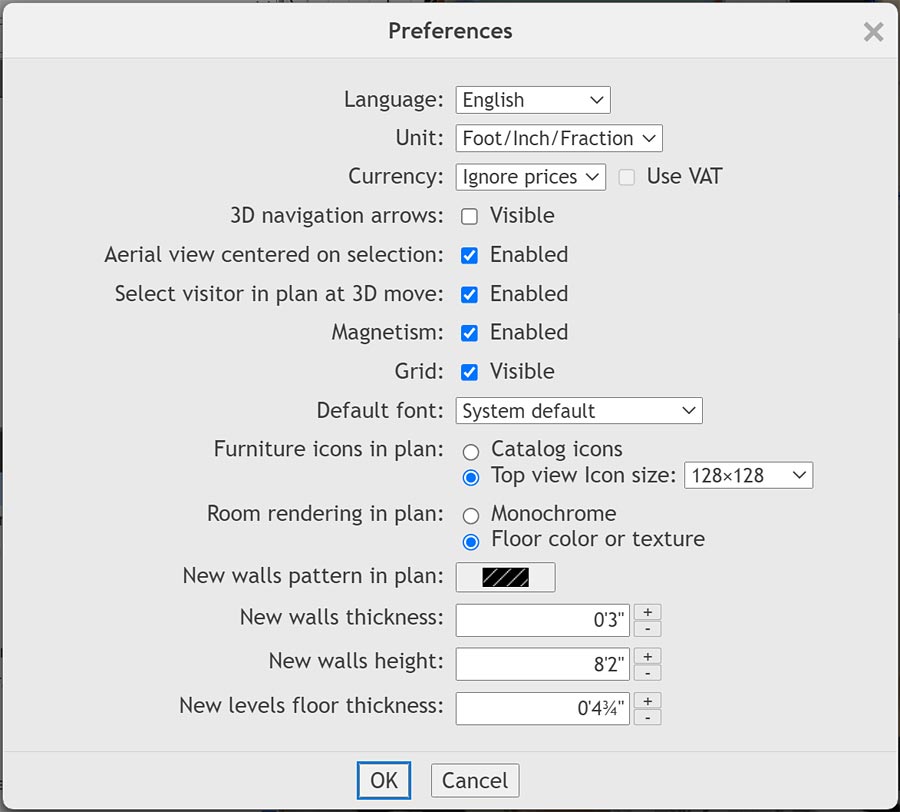 Окно Preferences в Sweet Home 3D Online