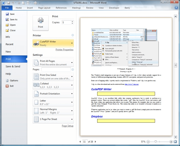 CutePDF Writer выбран как принтер в Microsoft Word