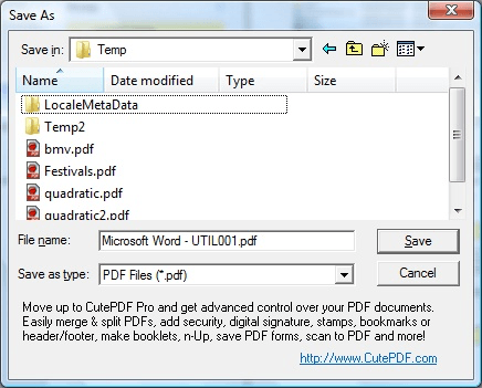 Окно Save As при сохранении PDF через CutePDF Writer