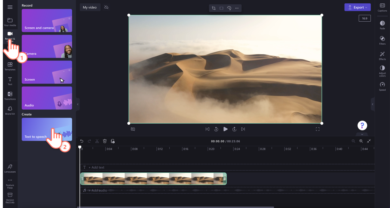 Генерация и запись озвучки в Clipchamp