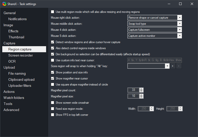 Параметры Region capture в ShareX