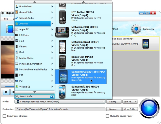 Выбор профиля устройства и формата в Bigasoft Total Video Converter