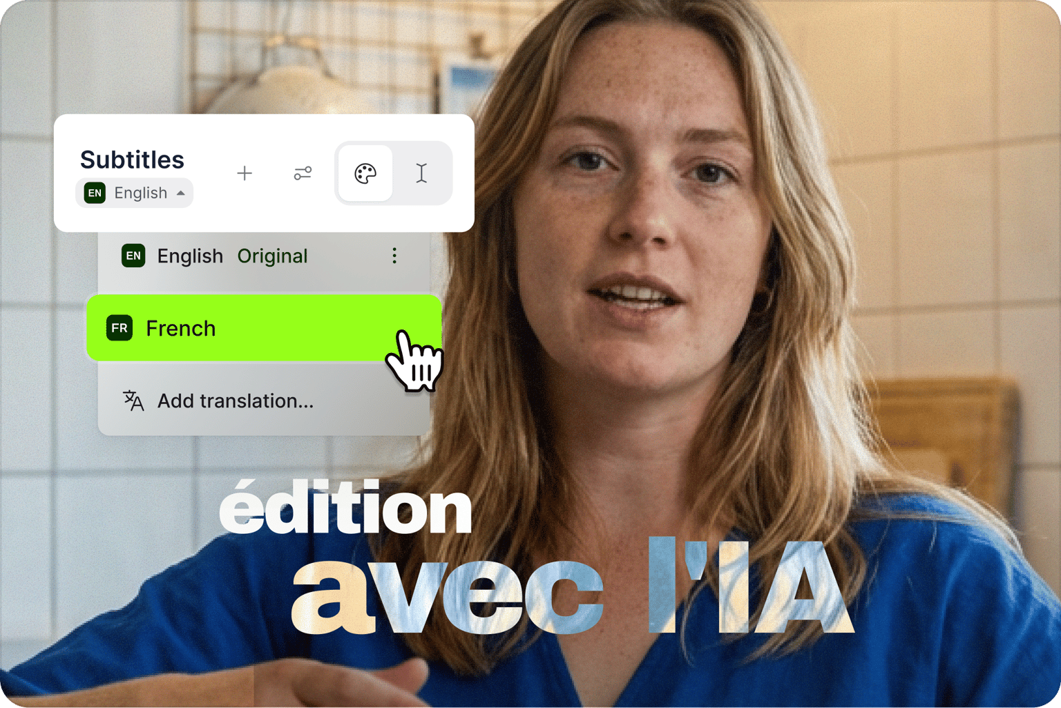 VEED.IO — перевод субтитров: выбор English Original и French в панели Subtitles