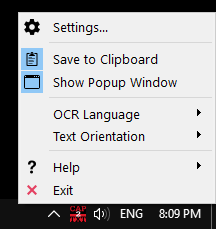 Меню Capture2Text в системном трее
