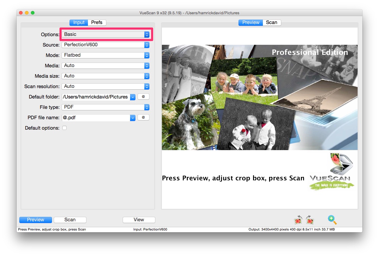 Главное окно VueScan с базовой логикой Preview → Scan → View