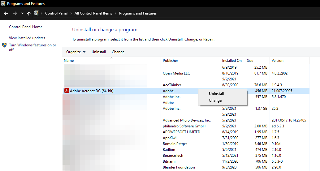 Удаление Adobe Acrobat Reader через Панель управления