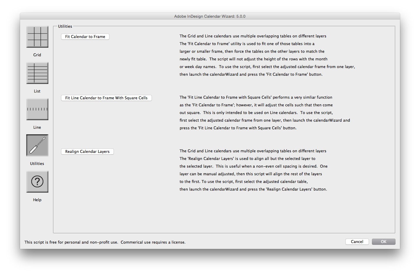 Раздел Utilities в Adobe InDesign Calendar Wizard