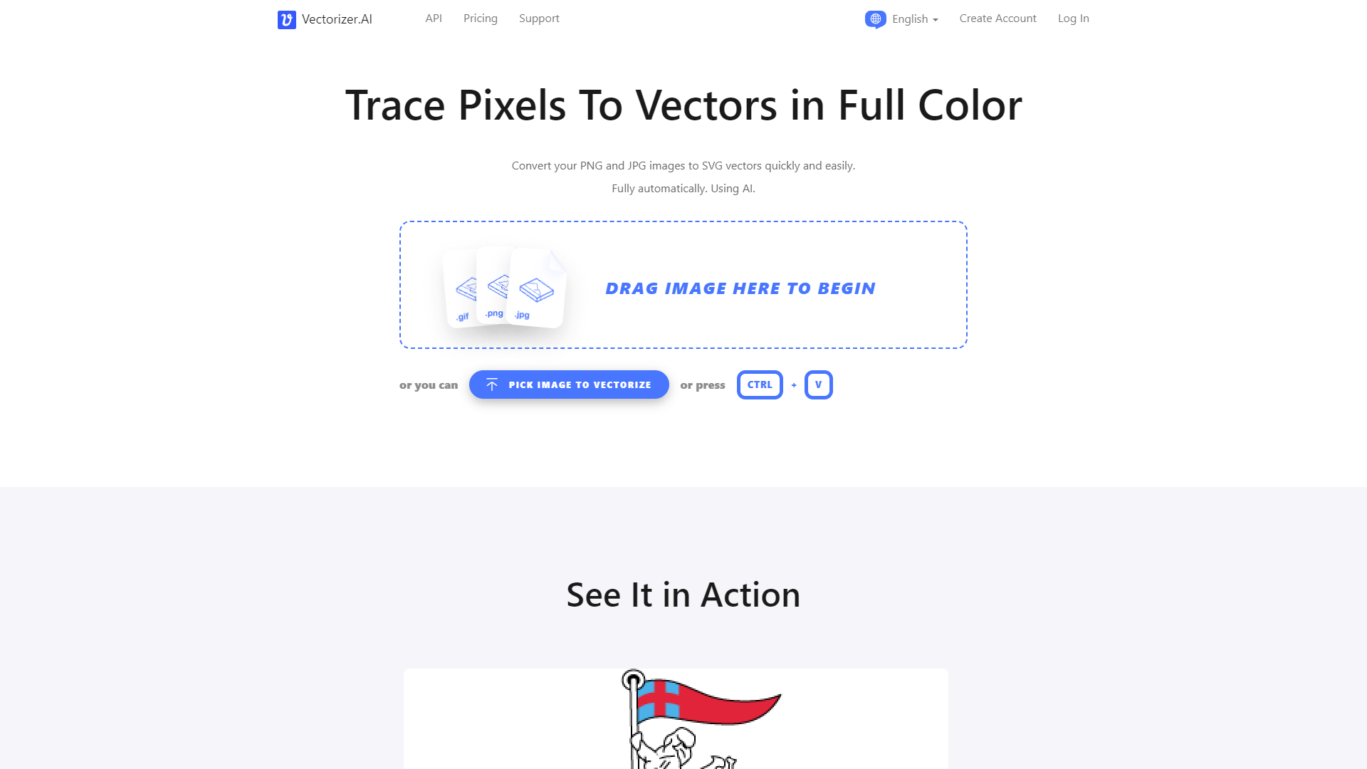 Главный экран Vectorizer.AI с областью загрузки изображения