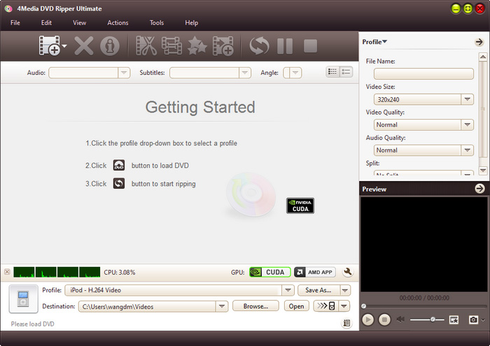 Главное окно 4Media DVD Ripper Ultimate с очередью, профилем и Preview