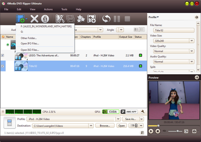 Меню загрузки DVD, папки, IFO и ISO в 4Media DVD Ripper Ultimate