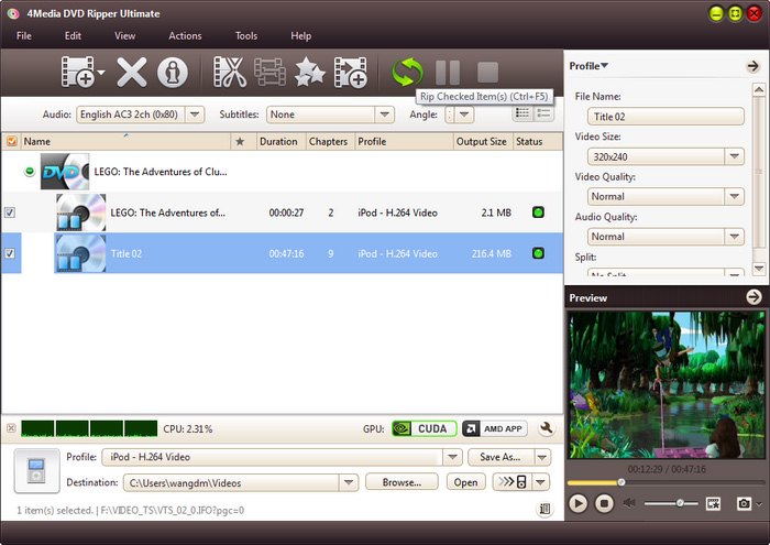 Очередь и команда Rip Checked Item(s) в 4Media DVD Ripper Ultimate