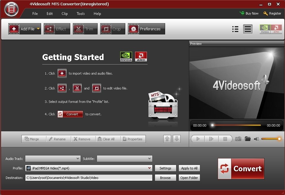 Главное окно 4Videosoft MTS Converter с панелью Getting Started
