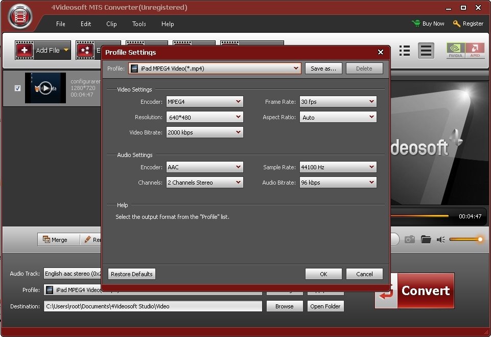 Окно Profile Settings в 4Videosoft MTS Converter