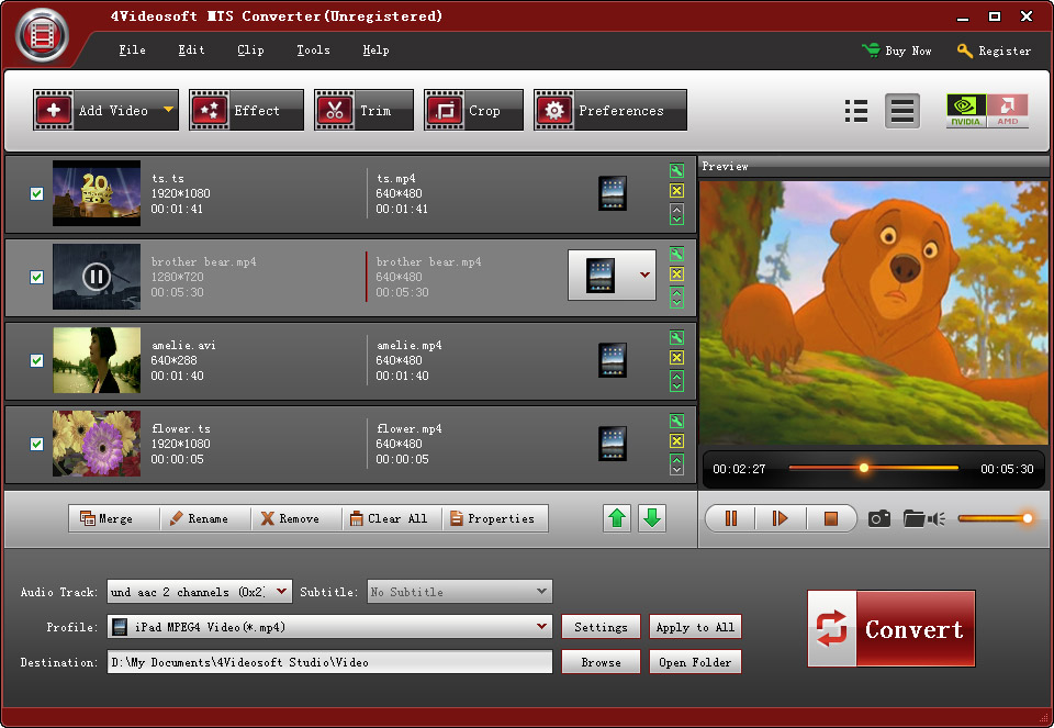 Очередь нескольких файлов в 4Videosoft MTS Converter