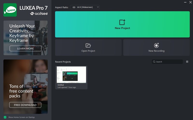 Начальный экран Luxea с командами New Project, Open Project и New Recording