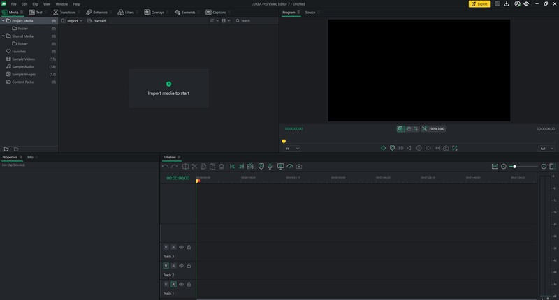 Пустое рабочее пространство Luxea с Media, Program и Timeline