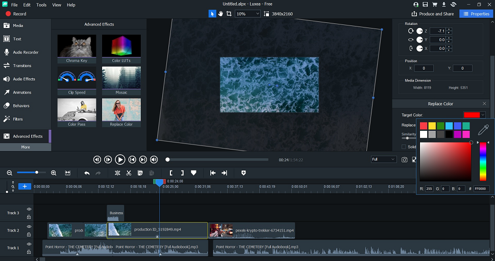 Advanced Effects в Luxea с Chroma Key, Color LUT, Mosaic, Color Pass и Replace Color