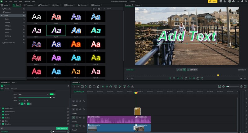 Панель Text со стилями и текстовый объект на Timeline Luxea