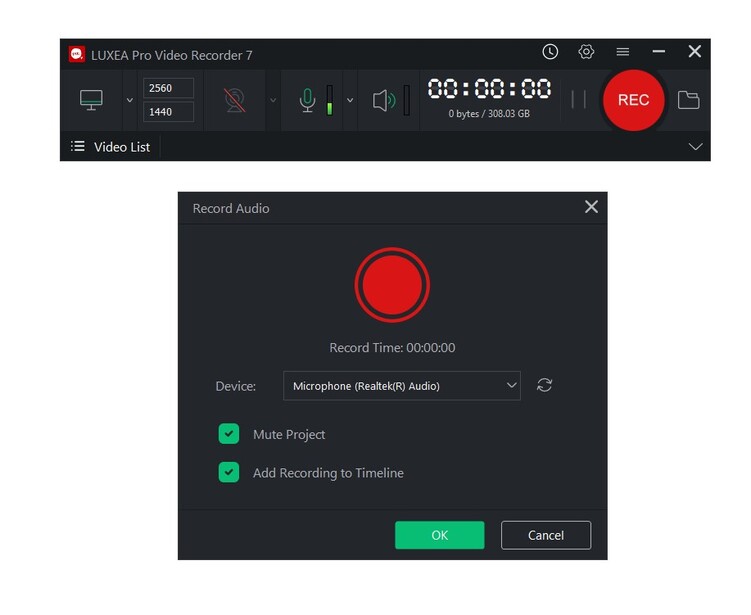 Окно Video Recorder и отдельная запись голоса в Luxea
