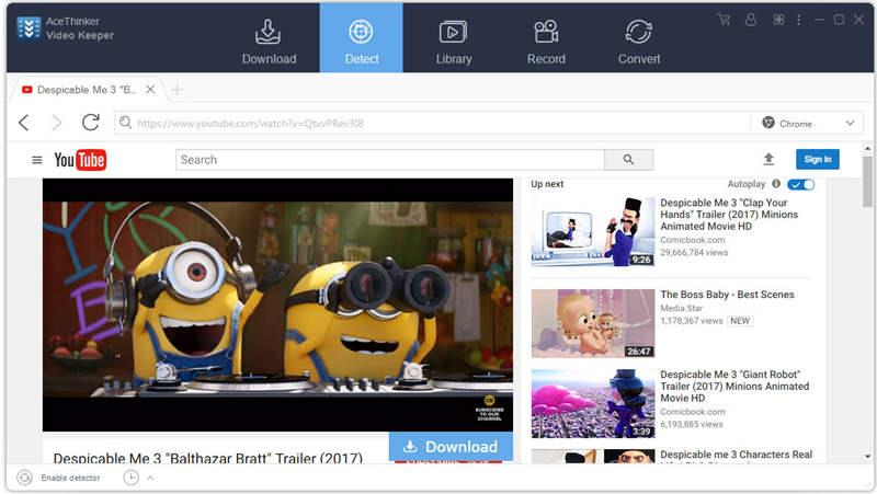 AceThinker Video Keeper: вкладка Detect со встроенной веб-страницей