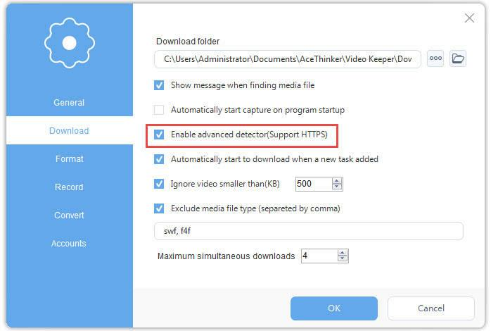Настройки AceThinker Video Keeper с Advanced detector и фильтрами загрузки