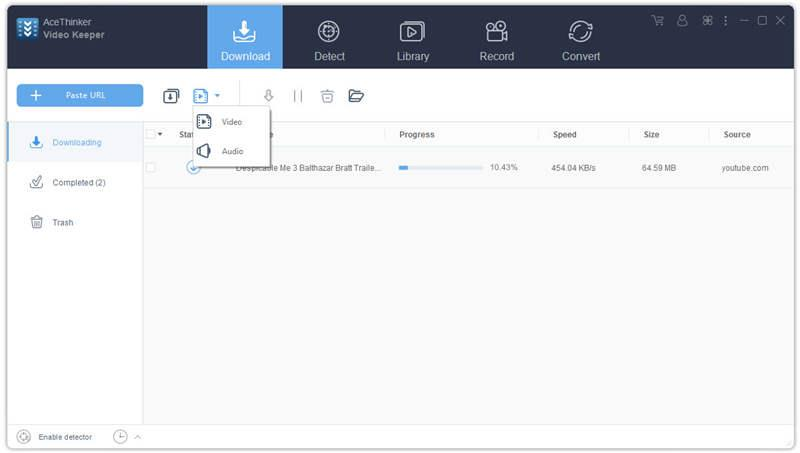 AceThinker Video Keeper: выбор Video или Audio в загрузках