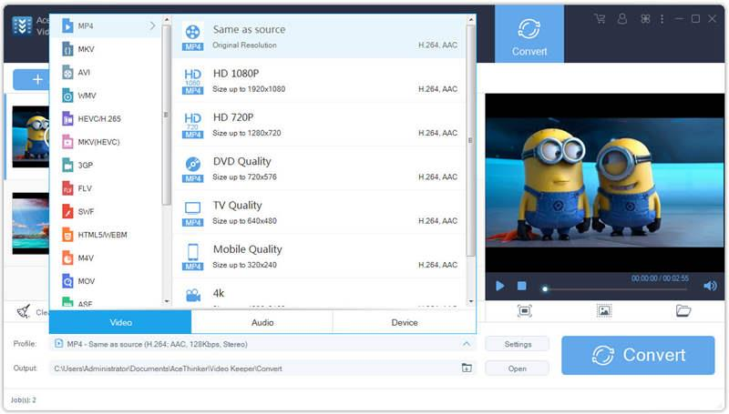 AceThinker Video Keeper: выбор формата и профиля во вкладке Convert