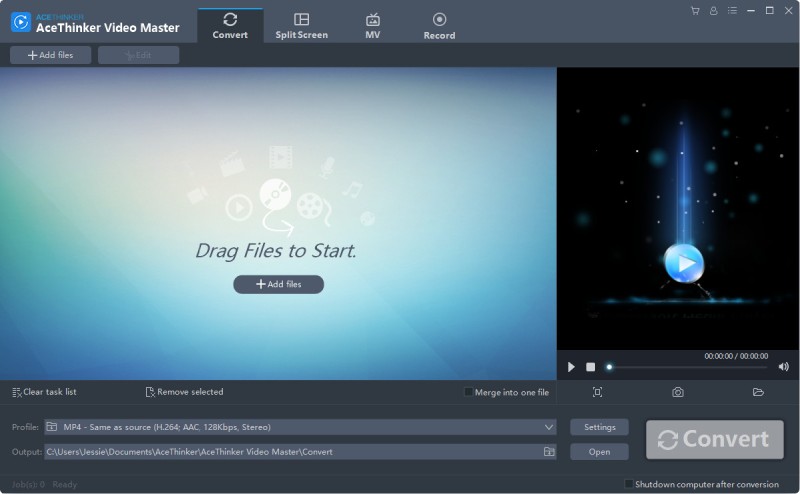 Главное окно AceThinker Video Master с вкладками Convert, Split Screen, MV и Record