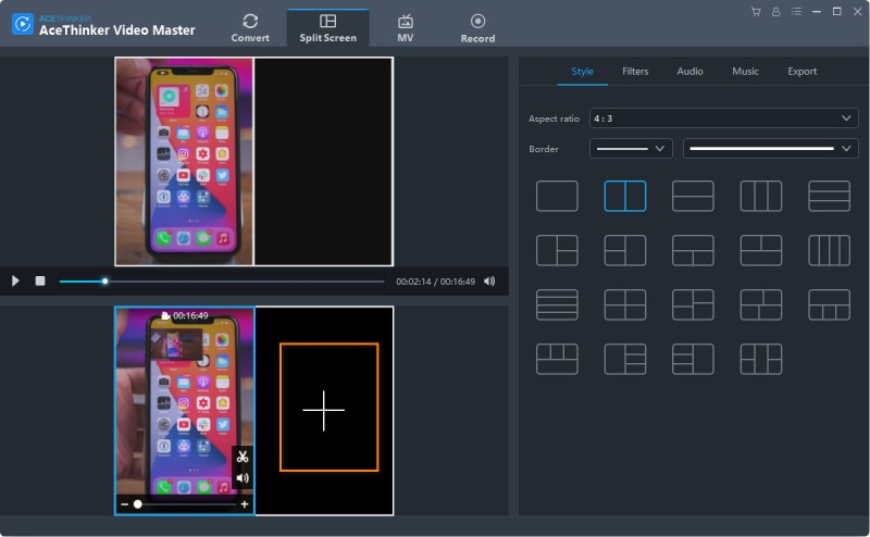 Заполнение ячеек Split Screen видеоклипами в AceThinker Video Master