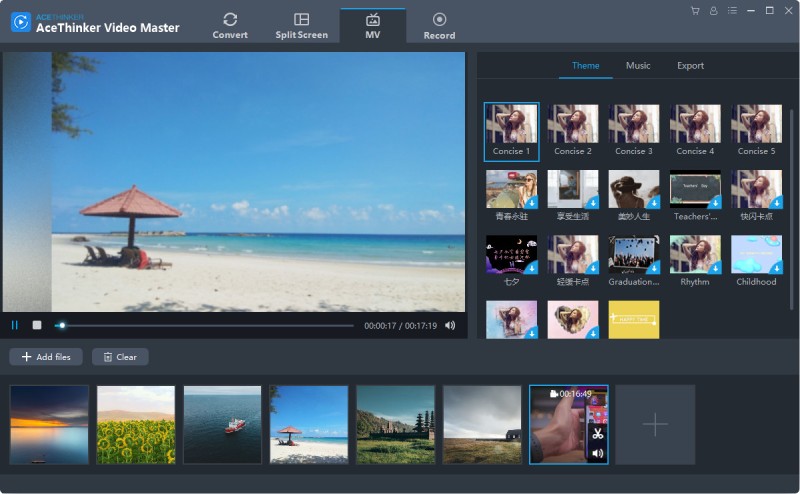 MV Maker AceThinker Video Master с темами и последовательностью клипов